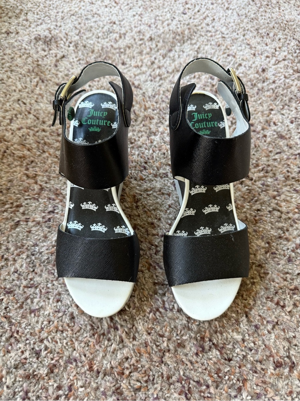 Juicy Couture Black and White Open-Toe Wedge Sandals